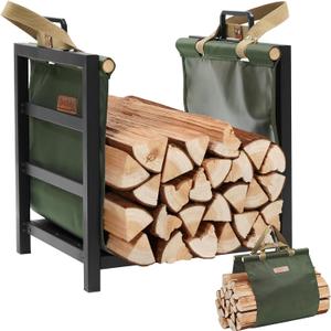 Firewood Rack Indoor Outdoor with Firewood Carrier, Fireplace Wood Log Holder Heavy Duty Metal, Indooor Firewood Holder for Fireplace Wood Storage, 16 inch, Green