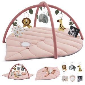 Blissful Diary Baby Play Gym & Activity Mat, Oversize Leaf Shaped Tummy Time Baby Play Mat w 6 Detachable Toys Promotes Motor Skills & Sensory Development, Newborn Infant Essentials Gift, Crystal Pink