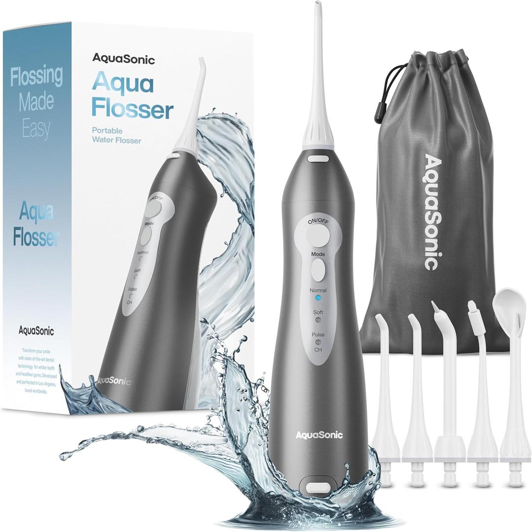 AquaSonic Water Flosser - Cordless Rechargeable Water Flossers for Teeth Cleaning - Waterproof Aqua Flosser, Portable Oral Irrigator for Dental Cleaning with 5 Jet Tips  Braces Home Travel (Charcoal Metallic)
