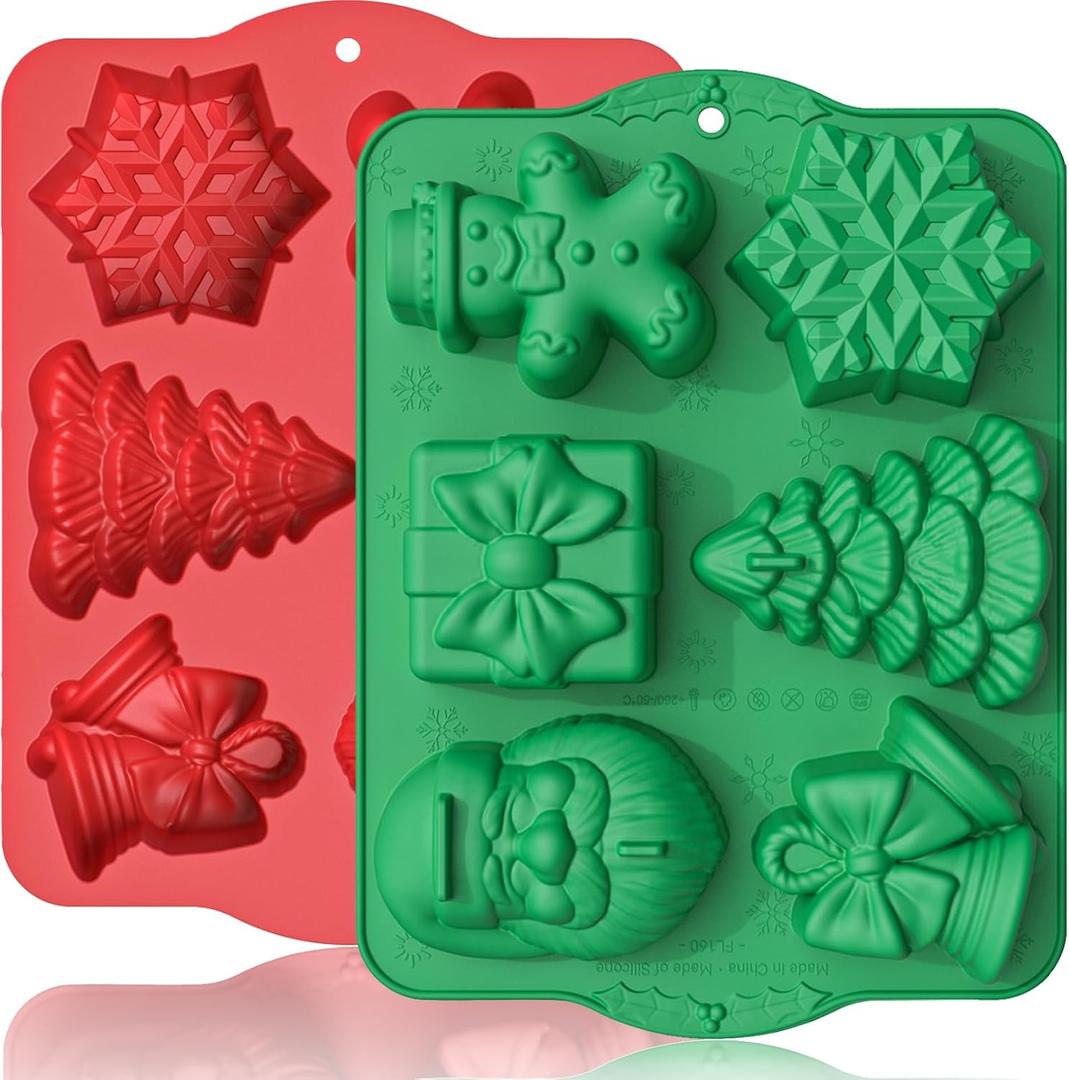 HKNMTT Large Christmas Silicone Molds for Baking Cake Muffins Oven Safe Freezing Soap Candle Cocoa Bomb Food Grade Tray, Deep Snowflake Tree Santa Gingerbread Gift Bell 6 Holiday Shapes Mould 2PCS