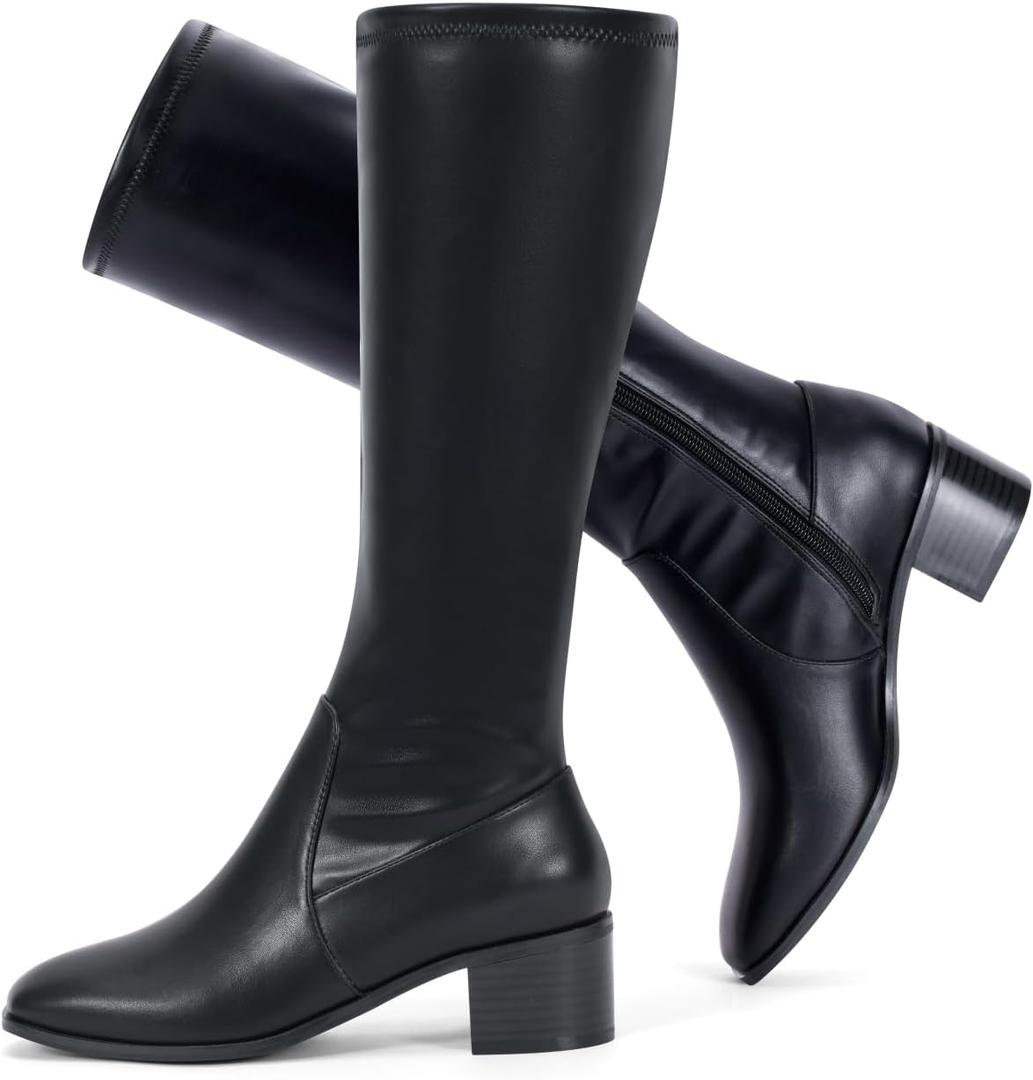 Elisabet Tang Knee High Boots for Women 2 inch Chunky Low Heel Boots Square Toe Side Zipper Fall Winter Comfort Boots, Black, Size 8