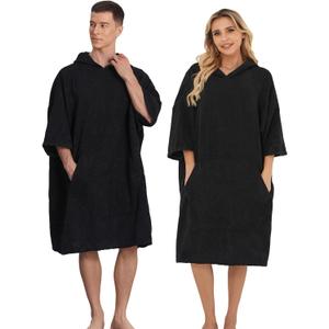 Surf Poncho Hooded Towel for Adults Quick Dry Beach Changing Robe with Pockets, Unisex Swim Cover-Up, Black Bath Towel for Surfers & Swimmer Gifts