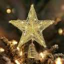 Gold Star Christmas Tree Topper with 30 Led Lights, Gold Tree Star for Christmas Tree Top Decorations, Vintage Christmas Holiday Party Ornament, Lighted Battery Golden Stars Tree Topper