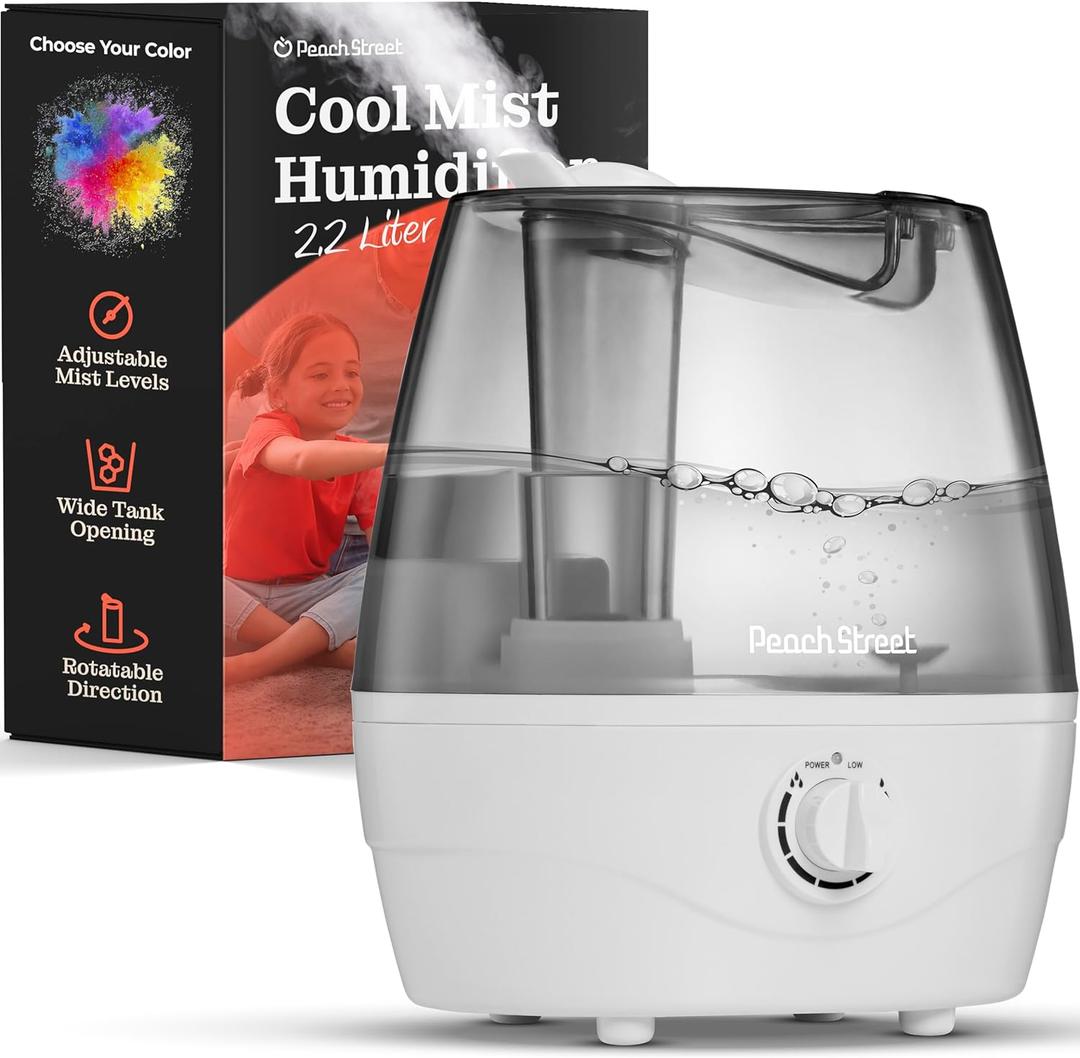 Cool Mist Humidifier - 2.2L Water Tank, for Bedroom, Baby, Quiet Ultrasonic Air Vaporizer, Adjustable Mist Level, 360 Nozzle Rotation, Auto-Shut Off, Large Area Humidifiers Easy Fill and Clean (Grey)
