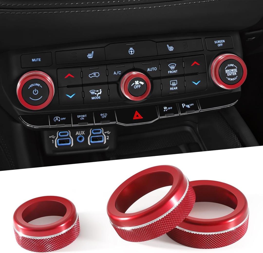 For Dodge Durango Knob Cover 2021 2022 2023 2024 2025 2026 Air Condition Decorated Button Knob Covers AC Switch Volume Tune Controller Aluminum Alloy Trim (Red)