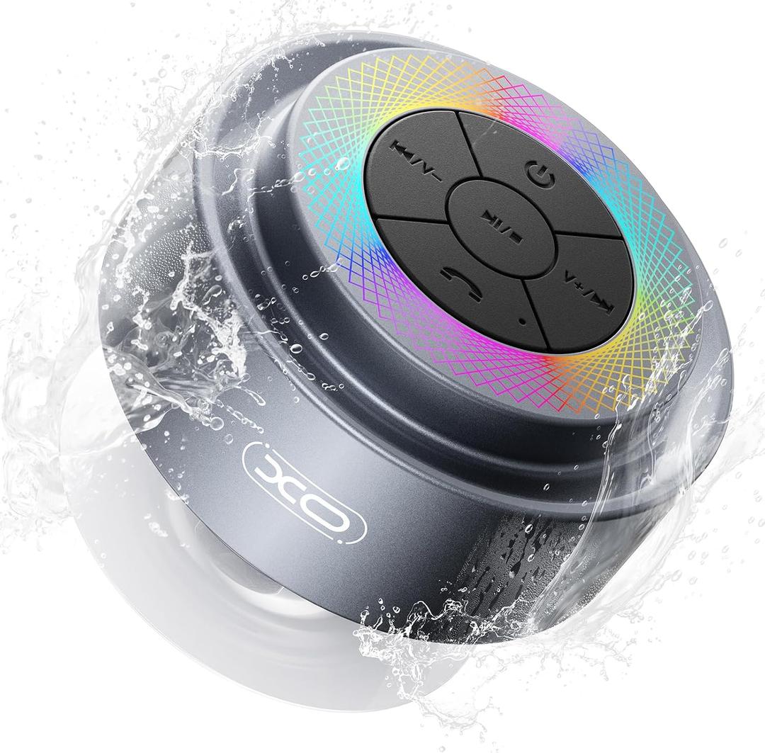 2 x Bluetooth Shower Speaker,XO Portable Shower Speakers IP67 Waterproof with Suction Cup,Built-in Mic and Dynamic LED Lights,Handsfree Wireless Speaker for Bathroom, Party, Beach