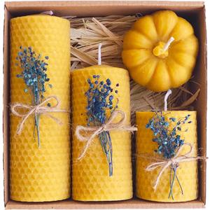 Beeswax Candle Gift Set  4 Natural Candles with Blue Dried Flowers & Pumpkin Box  Handmade Decorative Candles for Holidays, Birthdays & Special Occasions