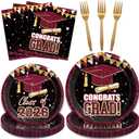 Kepeel 96 Pcs Graduation Party Paper Plates Napkins, Maroon Gold Class of 2026 Congrats Grad Party Decorations Supplies Disposable Dinnerware Tableware Set for College High School, Serves 24