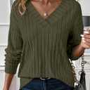 PRETTYGARDEN Fall Fashion 2026 Long Sleeve Shirts for Women Ribbed Knit V Neck Dressy Casual Lightweight Sweaters Tunic Tops (Green, XL)