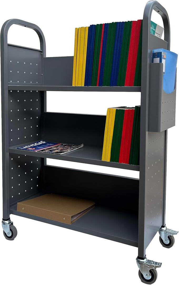 Workington Rolling Book Truck Book Cart with 3 Flat Shelves, Library Book Cart with Swivel Lockable Casters 3001 Gray