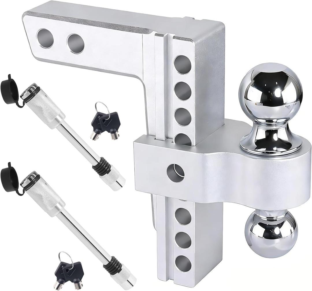 Aluminum Adjustable Trailer Hitch for 2-Inch Receiver 8 Inch Drop/Rise Hitch Ball Mount with 2" and 2-5/16" Ball Hitches Heavy Duty 12,500 LBS GTW Towing Hitch
