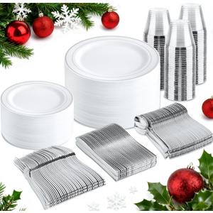 bUCLA 300PCS Silver Disposable Plastic Dinnerware Set - 50 Guests White Silver Disposable Plates Include 50 Dinner Plates,50 Dessert Plates,50 Knives,50 Forks,50 Spoons,50 Cups for Party & Christmas