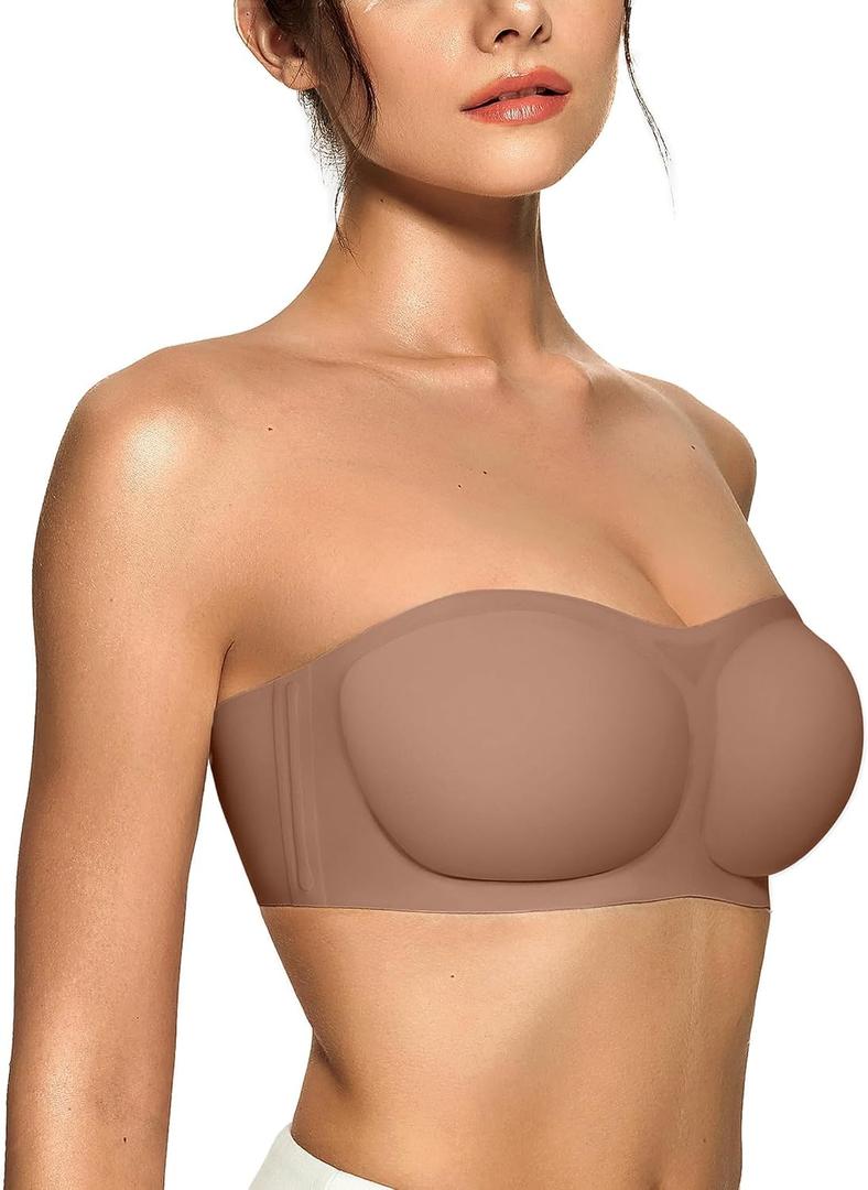 OEAK Womens Strapless Bras Jelly Push Up Bandeau Bra Non Slip Wireless Supportive Padded Bras Seamless Comfortable Tube Bra (Brown, L)