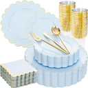 LIYH 210 Pcs Light Blue Plastic Dinnerware Set - Baby Blue Plastic Plates Napkins with Gold Foil Include Bridal Shower Plates Disposable Gold Silverware Napkins Cups for Birthday 30 Guests