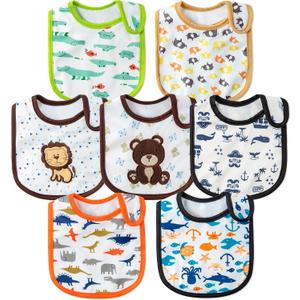 7Pcs Cotton Waterproof Baby Bibs Hook Loop Closure Newborn Bib Keepsake Baby Gift for Drooling Feeding Eating (Multicolor)
