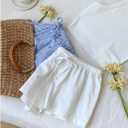 MakeMeChic Women's 2 Pack Linen Shorts Striped Gingham Summer Beach Pajama Boxer Shorts (Blue, L)