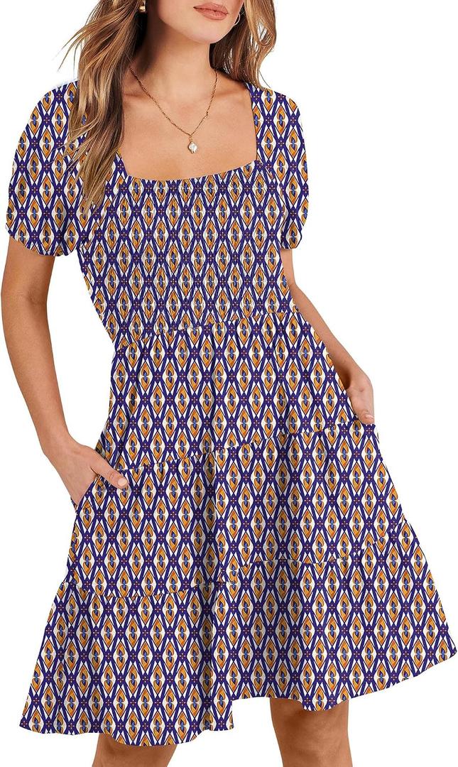 ANRABESS Womens 2026 Summer Casual Dress Square Neck Puff Sleeve Boho Beach Vacation Short Dress