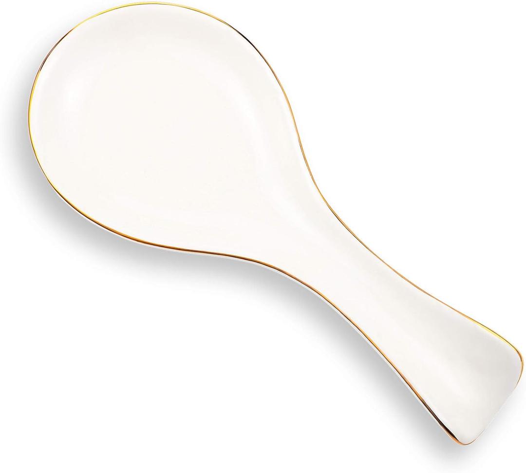 Patelai Ceramic Spoon Rest Spoon Holder Stovetop for Kitchen Stove Coffee Bar Accessories(White with Gold Brim)
