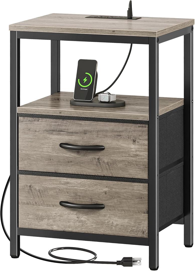 Huuger Nightstand with Charging Station, Fabric Drawers, End Table with Open Shelf, Bedside Table with USB Ports and Outlets, Night Stand for Bedroom, Oak (11.8"D x 15.7"W x 23.6"H (2 Drawers))