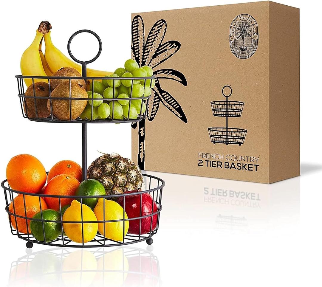Regal Trunk & Co. -2 Tier Fruit Basket - French Wire Baskets| Wire Basket Holder| Multi-Tier Fruit Basket for Countertop or Hanging | Metal Frame