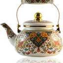 Floral Enamel Tea Kettle Vintage Gold Beige Teapot Colorful Boho Hot Water Coffee Kettle Pot 2.5L Porcelain Tea Pot with Ceramic Handle for Stovetop Hot Water Kitchen Decor