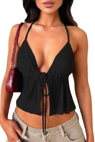 Women's Y2K Cute Summer Leopard Print Halter Top Sexy Tie Front Backless Ruffle Beach Crop Going Out Tops for Women Size XS