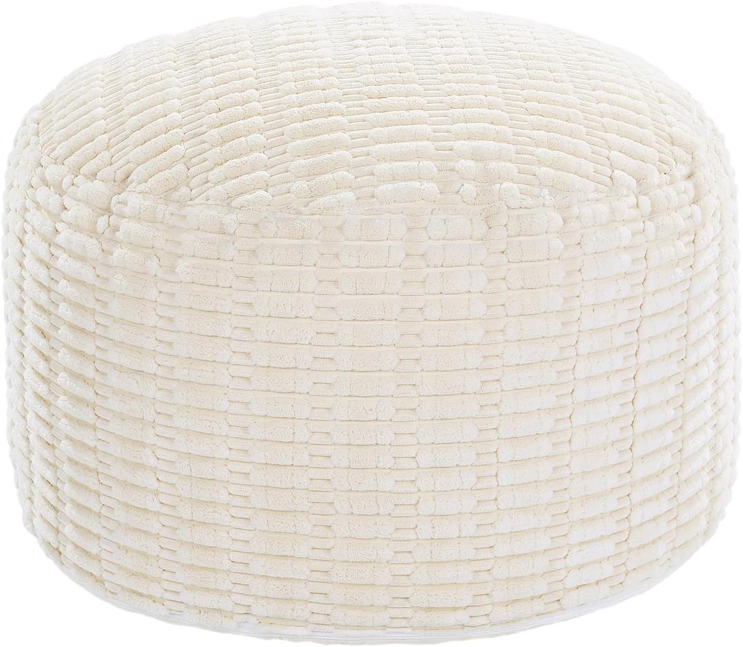 HOMBYS Unstuffed Ottoman Pouf Cover,Round Faux Fur Foot Stool, Fuzzy Chair, Floor Bean Bag(No Filler),Foot Rest with Storage for Living Room, Bedroom, Office, Striped Tufted (Beige)