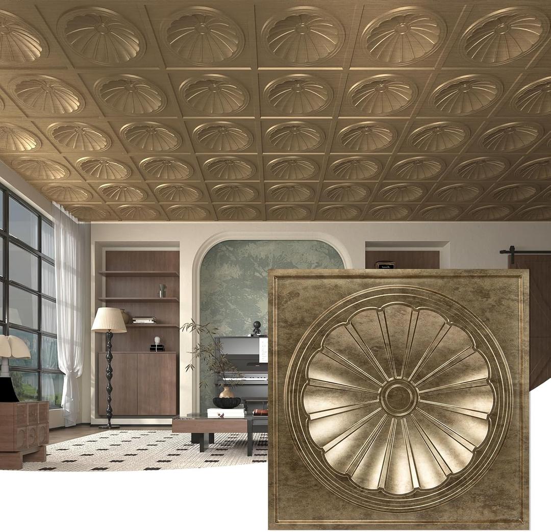 Art3dwallpanels Ceiling Tiles 12 Pack Drop Ceiling Tiles, 24 x 24 Inch High Grade PVC 3D Wall Panels for Interior Wall Decor, Fire Rated, Waterproof, Light Weight, Prevent Breakage, Antique Gold