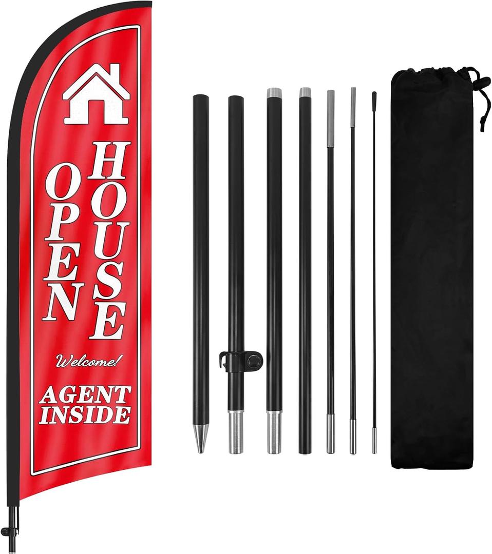Open House Flags for Real Estate Agents With Pole Kit and Ground Stake 8Ft, Signs for Outside, Banner (Black/White/Red)