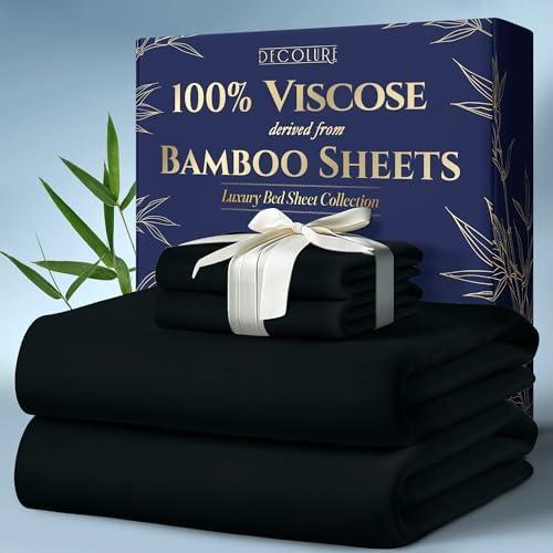 DECOLURE 100% Viscose Derived from Bamboo Sheets Queen Size 4pcs - Ultra Soft & Luxuriously Cooling, 17" Deep Pocket, Double Stitching, Perfect for Hot Sleepers - Queen Bed Sheets (Black)