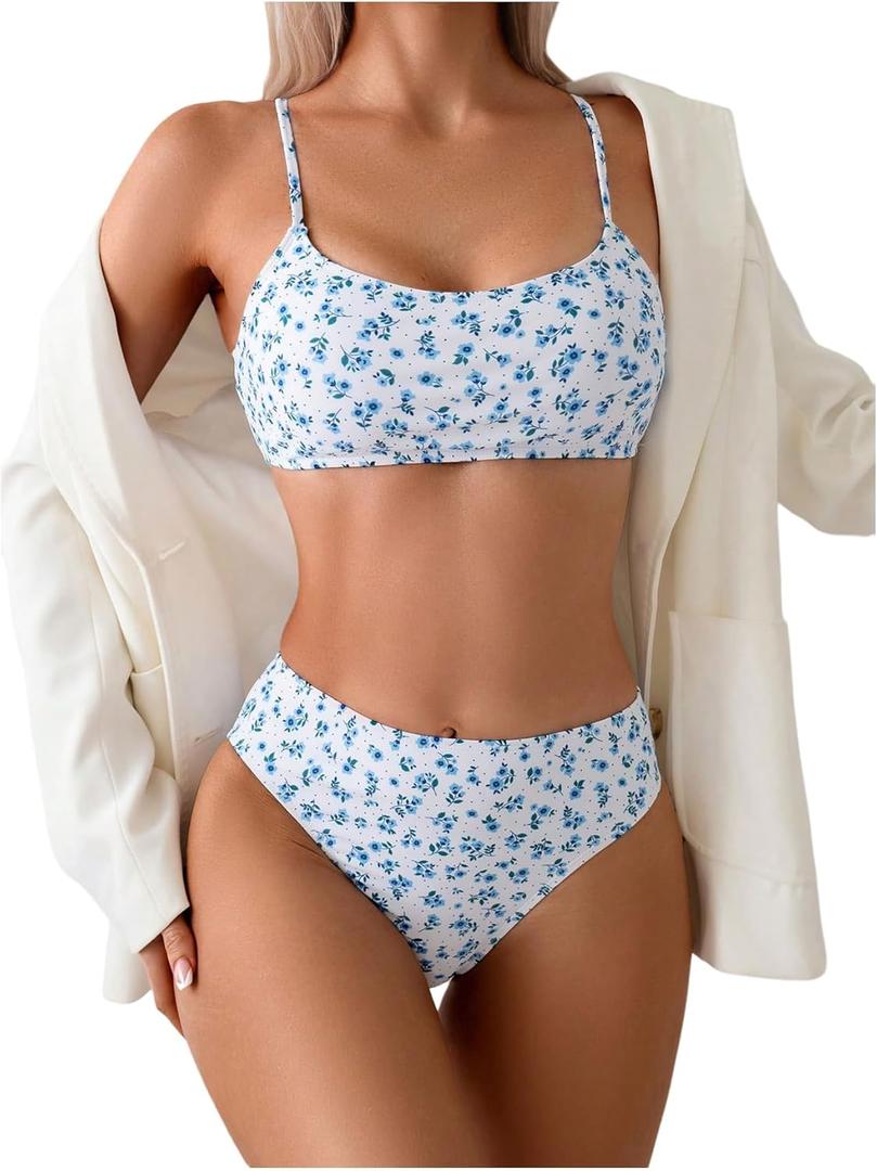 SOLY HUX Women's 2 Piece Bathing Suit Floral Print High Waisted Scoop Neck Cute Bikini Set Beachwear, Small