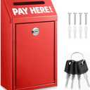 Cash Money Box with Slot – 10.2In Metal Donation Box with Lock for Cash Deposit,Wall Mounted Money Drop with Lock and Slot for Home/Farm/Office/Outdoors(Red)