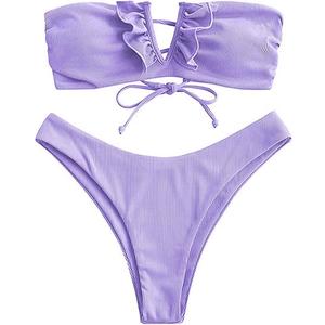 ZAFUL Women's Strapless Ribbed V Wired Lace Up Ruffle Tie High Cut Bandeau Swimsuits Bikini Set (Large, 0-white)