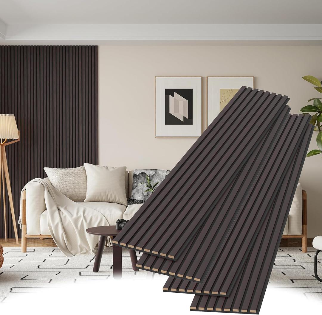 POHARE Wood Slat Wall Panels, 4 Pack Accent Decorative Acoustic Wood Slats for Wall and Ceilings, Acoustic Panels for Interior Wall Dcor on Felt Back Board, Black-Brown Oak, 8 x 1 ft