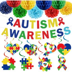 Autism Awareness Month Party Decorations Autism Awareness Puzzle Piece Glitter Banners Hanging Swirls Paper Pom Poms Honeycomb for April Love Needs No Word Themed Decor Supplies