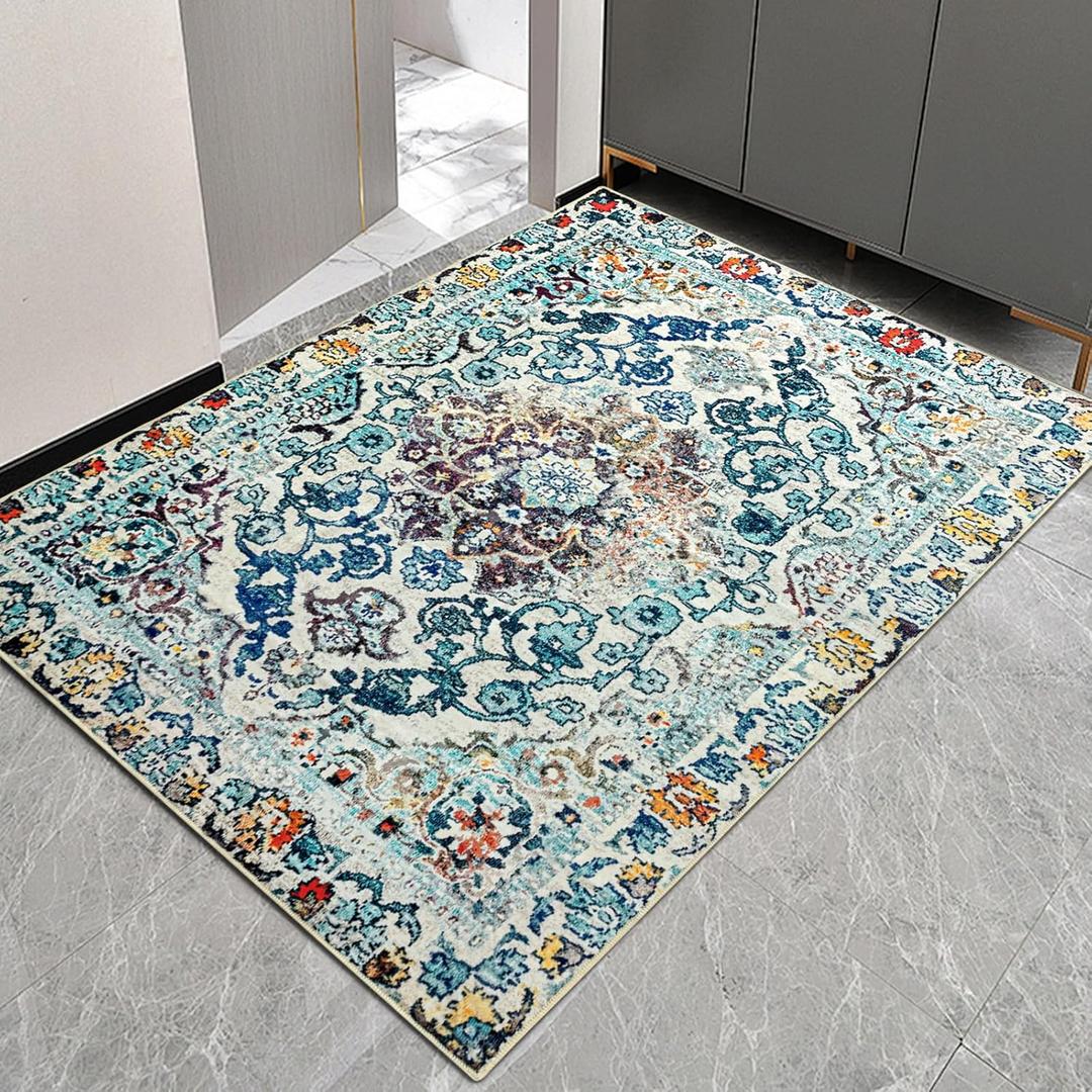 Easy-Going Boho Area Rug 3x5 Entryway Rug Washable Inside Door Mats for Home Entrance Non-Slip Medallion Distressed Small Rugs for Entry Living Room Bedroom Kitchen Lightweight Carpet, Vintage Multi