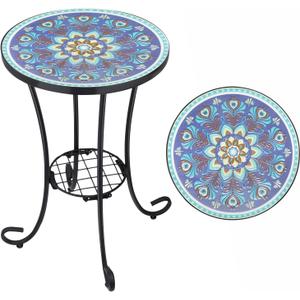 VCUTEKA Outdoor Side Table Mosaic Patio Table Accent Tables Mosaic Tile Top Metal Frame Small End Tables Porch Beach Patio Garden Balcony Peacock Feather 14''