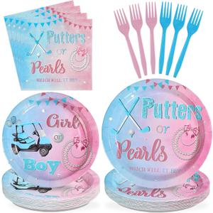 96Pcs Golf Gender Reveal Decorations Putters Or Pearls Plates and Napkins Tableware Sets Blue or Pink Decorations for Golf Theme He or She Gender Reveal Baby Shower Birthday Party Supplies Serves 24