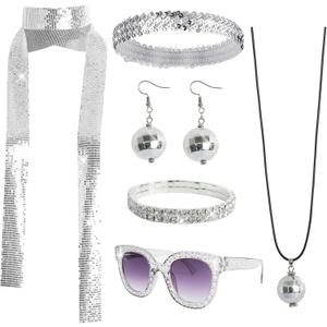 6 Pcs 70s Women Disco Accessories Disco Costume Disco Sequin Scarf Headband Diamond Bracelet Ball Necklace Earring Glasses (Sliver)