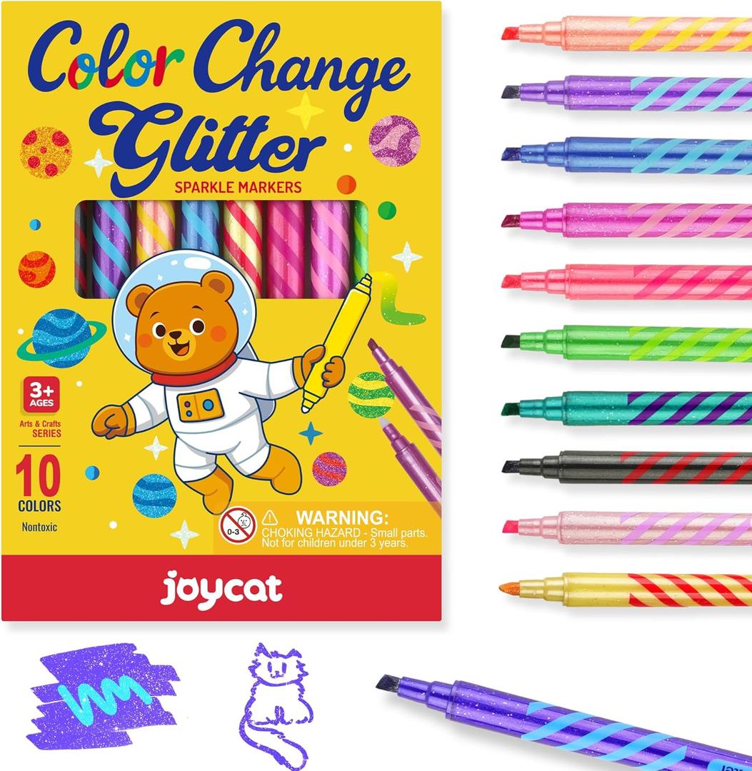 10 Pack Magic Glitter Color Changing Markers, Jumbo Dual Tip Markers with Color-Coded Barrels , Double Ended Chisel Tip Marker Set, Non-Toxic Kids Art Supplies for Drawing & Coloring, Stationery Sets