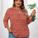 LOMON Plus Size Women Blouses 3/4 Length Sleeve Tops Crewneck Pleated Casual Tees Shirts 1X-5X (Red Daisy)