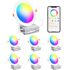 Smart Recessed Lighting 4 Inch RGBCW Color Changing 12W LED Recessed Ceiling Lights with Junction Box,1080LM Canless Downlight Compatible with Alexa,Dimmable by Bluetooth Control (6 Pack)