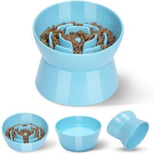 F FD Hub Tilted Raised Slow Feeder Bowl for Cats and Small & Medium Dogs, Raised Design Improves Posture, Spiral Inner Shape Prevents Fast Eating, Dishwasher Safe, 10 oz (Blue, L-Cats)