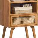 Lerliuo Rattan Nightstand, Side Table with Drawer Open Shelf, Cane Accent Bedside End Table with Solid Wood Legs, Mid Century Modern Night Stand for Bedroom, Dorm and Small Spaces (Tea Brown)