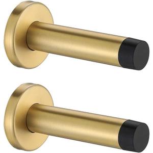 JQK Door Stopper Gold, 304 Stainless Steel Thicken 1mm Sound Dampening Door Stop Bumper Wall Protetor 2 Pack, Brushed Gold, DSB5-BG-P2 (Gold & Black Tip)