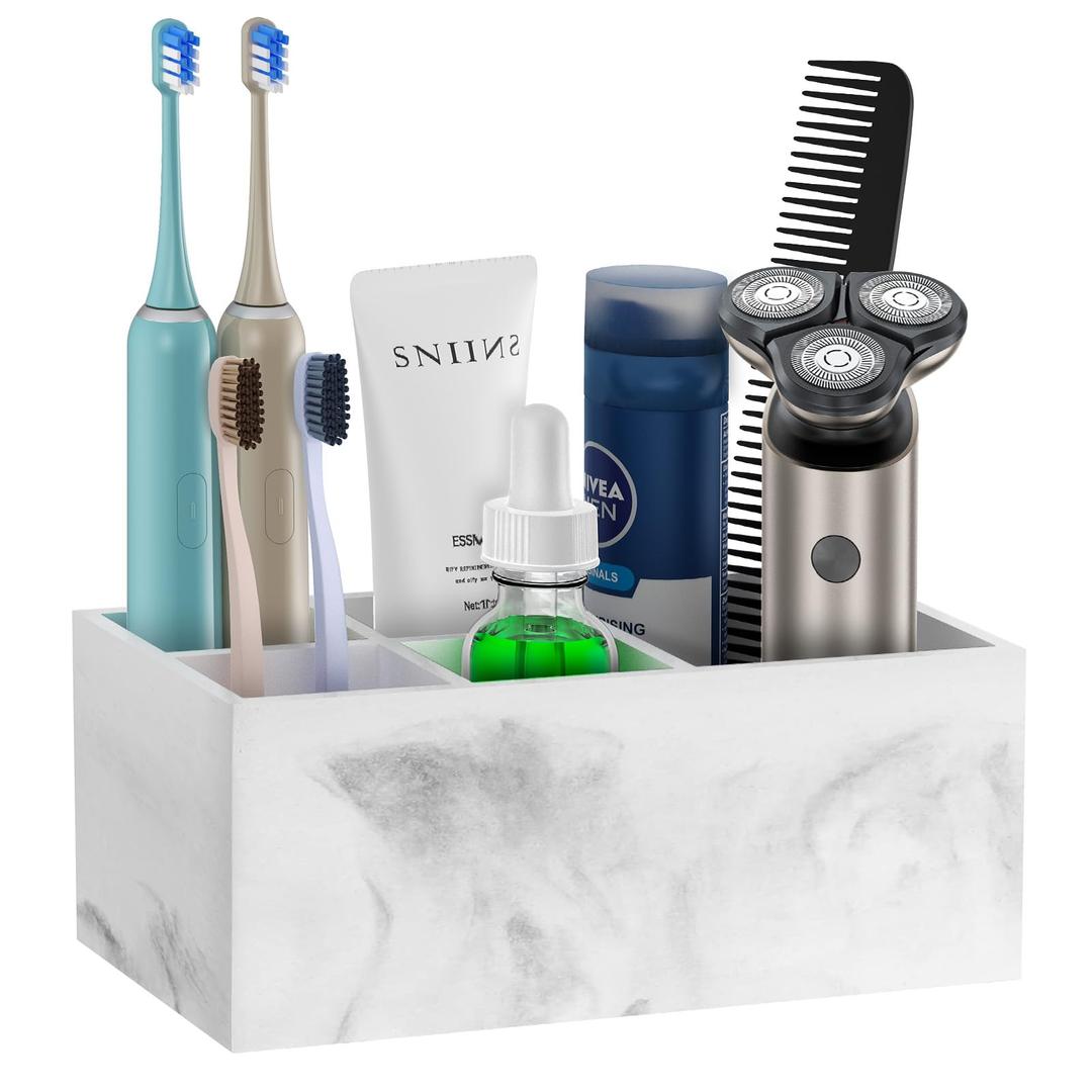 Bathroom Toothbrush Holders with Drain, 5 Slots Electric Toothbrush Holder Marble Bathroom Countertop Organizer Toothbrush Storage Brush Holder for Vanity Toothpaste Small Counter Accessories, White