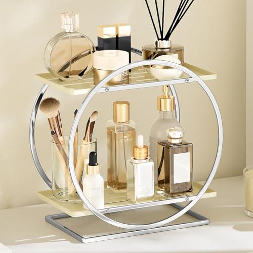 YIWANFW Perfume Organizer for Dresser, 2-Tier Bathroom Counter Organizer, Elegant Makeup Organizer for Vanity, Multi-Purpose Cosmetics Skincare Organizers Countertop (Silver Frame & Cream White Tray)