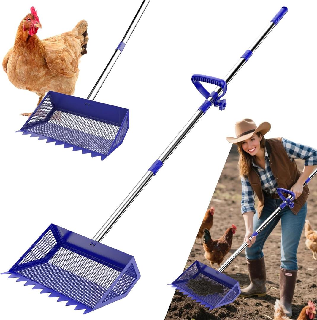 Chicken Poop Scooper & Rake 2-in-1,304 Stainless Steel Shovel Head, Chicken Litter Scoop with Handle for Chicken Coop & Pet Waste Cleaning, Litter Sifting Shovel (35 to 65") (Blue 10inch.)