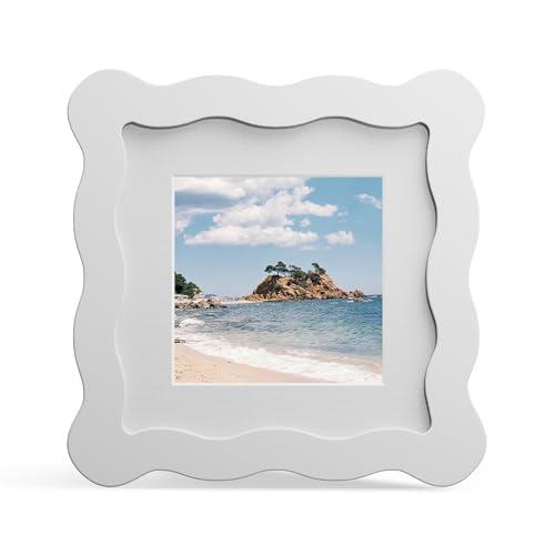 THKRLOF 4x4 Picture Frame with Mat for 3x3, Wavy Edge Wooden Real Glass Photo Frame for Tabletop and Wall Hanging, White, 1 Pack
