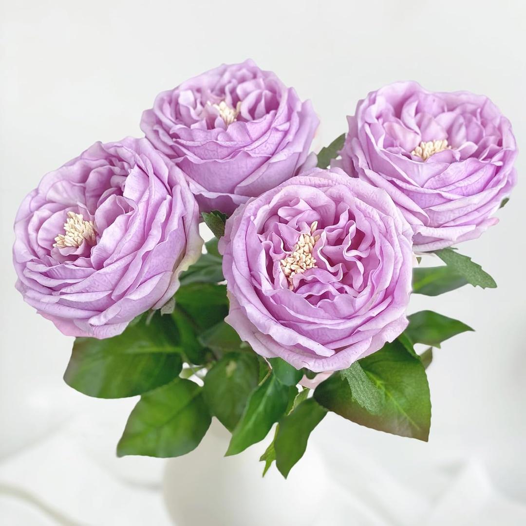 YalzoneMet 3.5'' Big Bloom Rose Artificial Flowers Purple 4Pcs Real Touch Rose Faux 17.7 Inch Long Stem Austen Roses Peonies Fake Flowers for Home Kitchen Party Christmas Flower Wedding Decor
